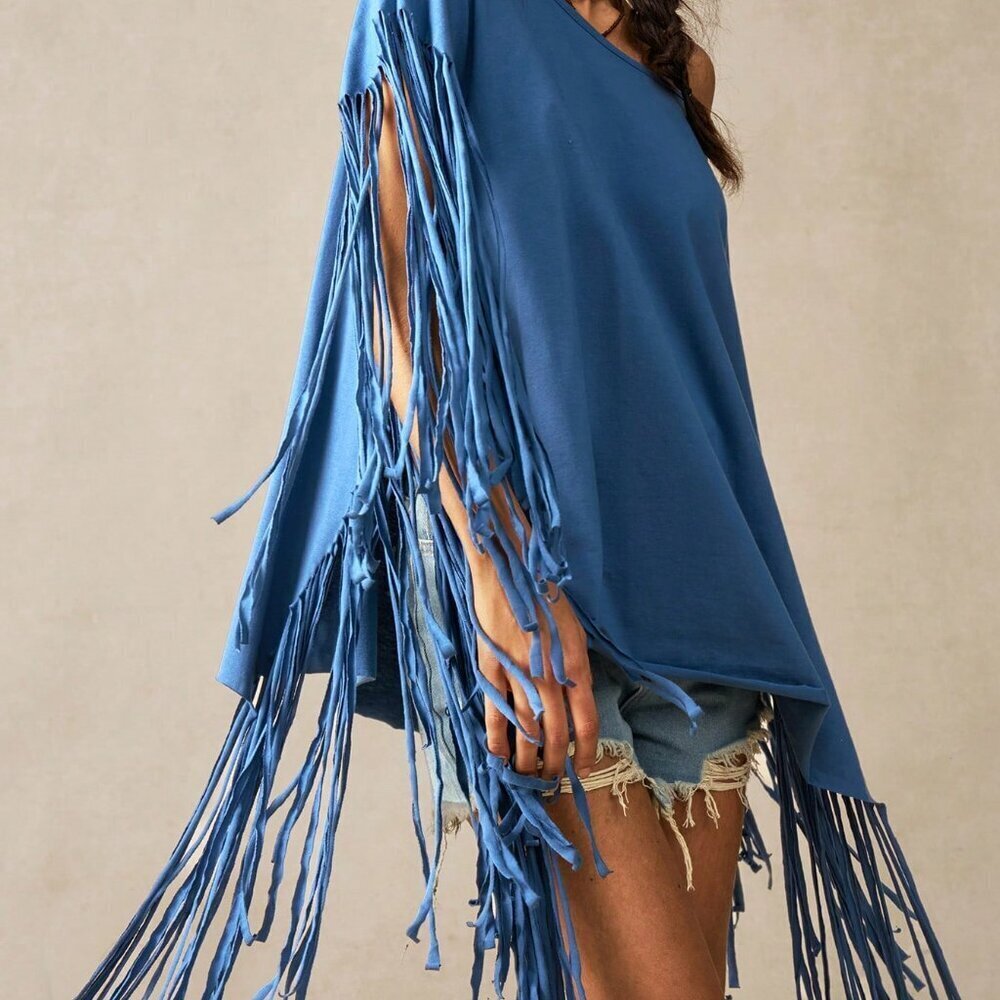 Blue Casual Women's Tropical Vacation Clothes Knit Oblique Collar Fringe T-Shirt - Picture 5 of 7